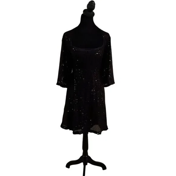 blue dress for baby girl Black 3/4 Sleeve V Neck Velour Sequin Pencil Wiggle Dress – Pretty Kitty  Fashion main image 0